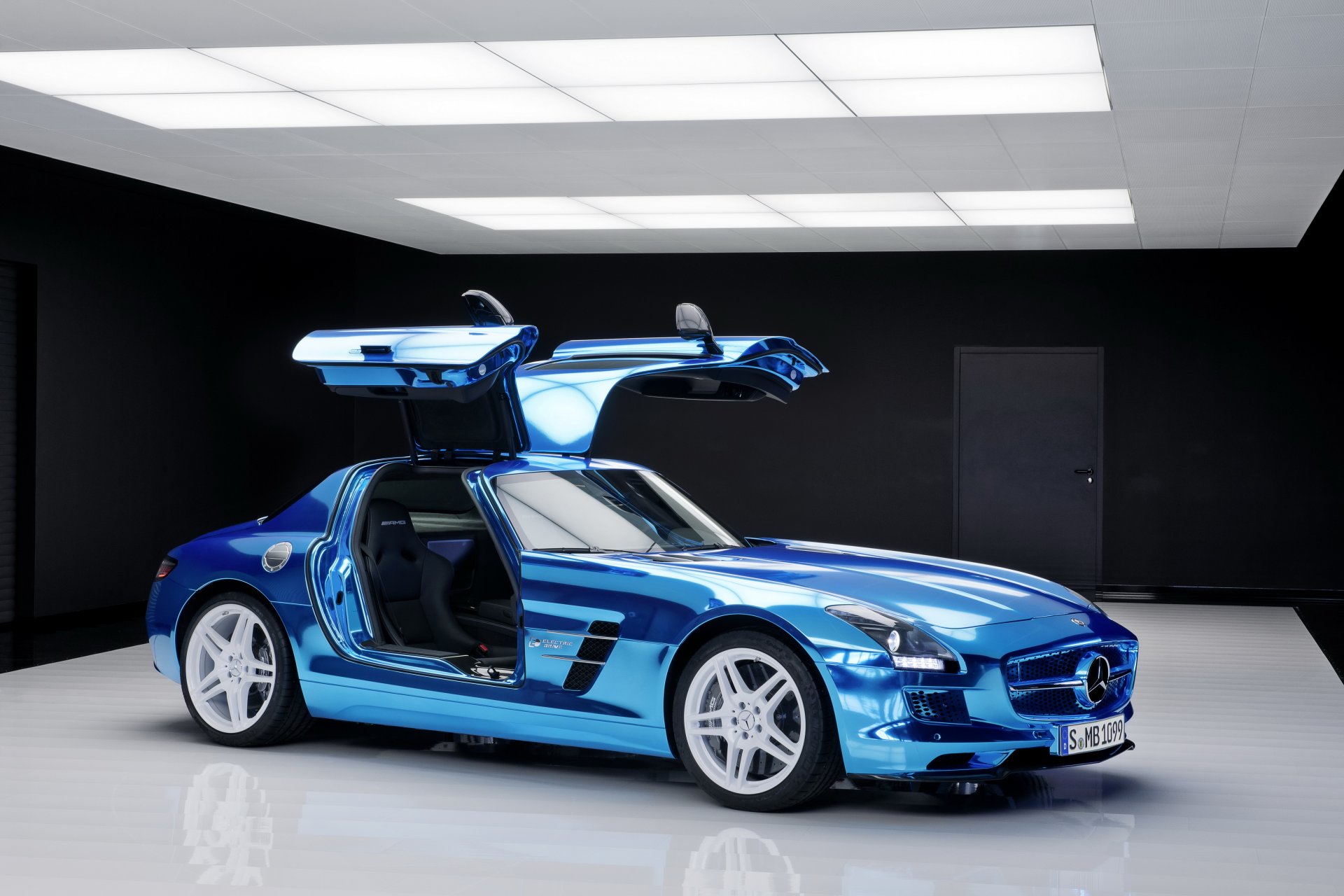 mercedes benz sls amg electric drive blue car cars doors interior