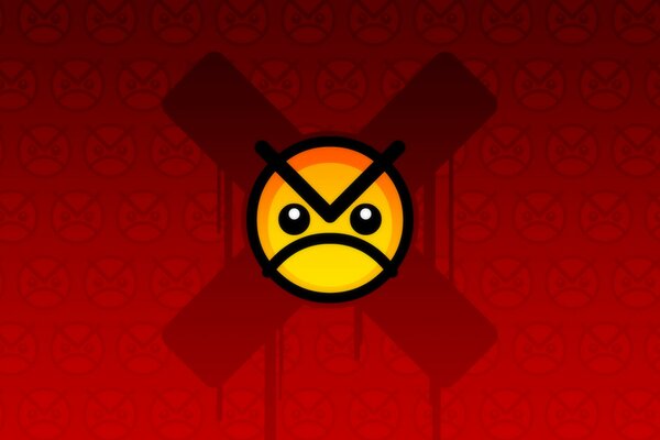 Angry smiley face on a cross and red background