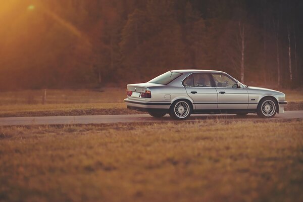 Silberner BMW bei Sonnenuntergang im Feld geparkt