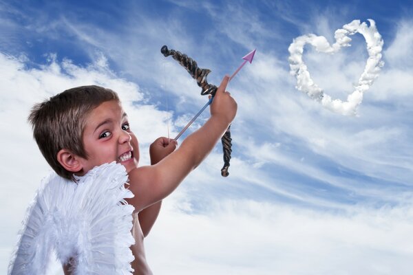 Cupid is going to shoot at the heart from the clouds