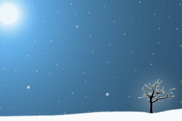 Albero solitario in inverno contro il cielo con fiocchi di neve che cadono