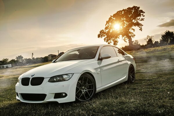 Weißer BMW bei Sonnenuntergang