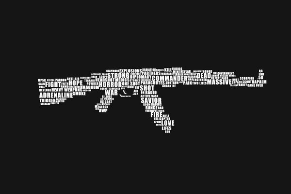 Kalash ak 47 in Buchstaben auf schwarzem Hintergrund