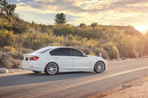 White BMW on the road among the hills