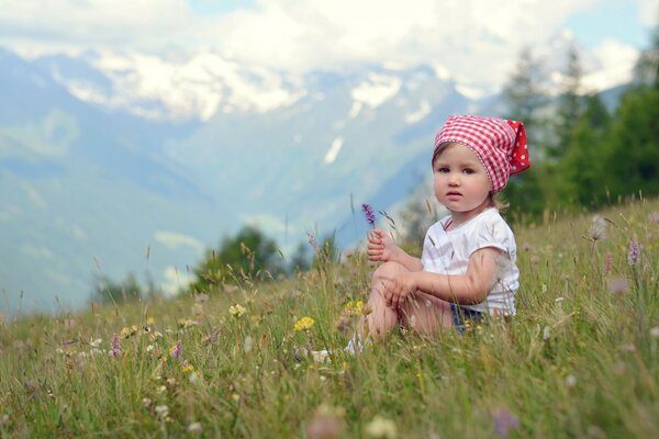 Kleines Mädchen sitzt in einem Feld zwischen Blumen