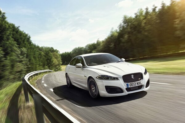 White Jaguar sedan at speed