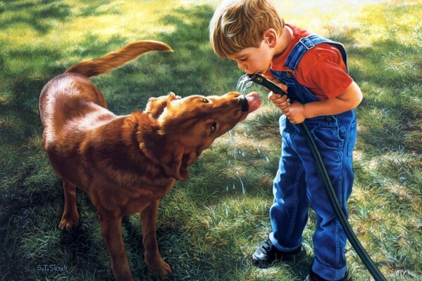 Un niño y un perro beben agua de una manguera