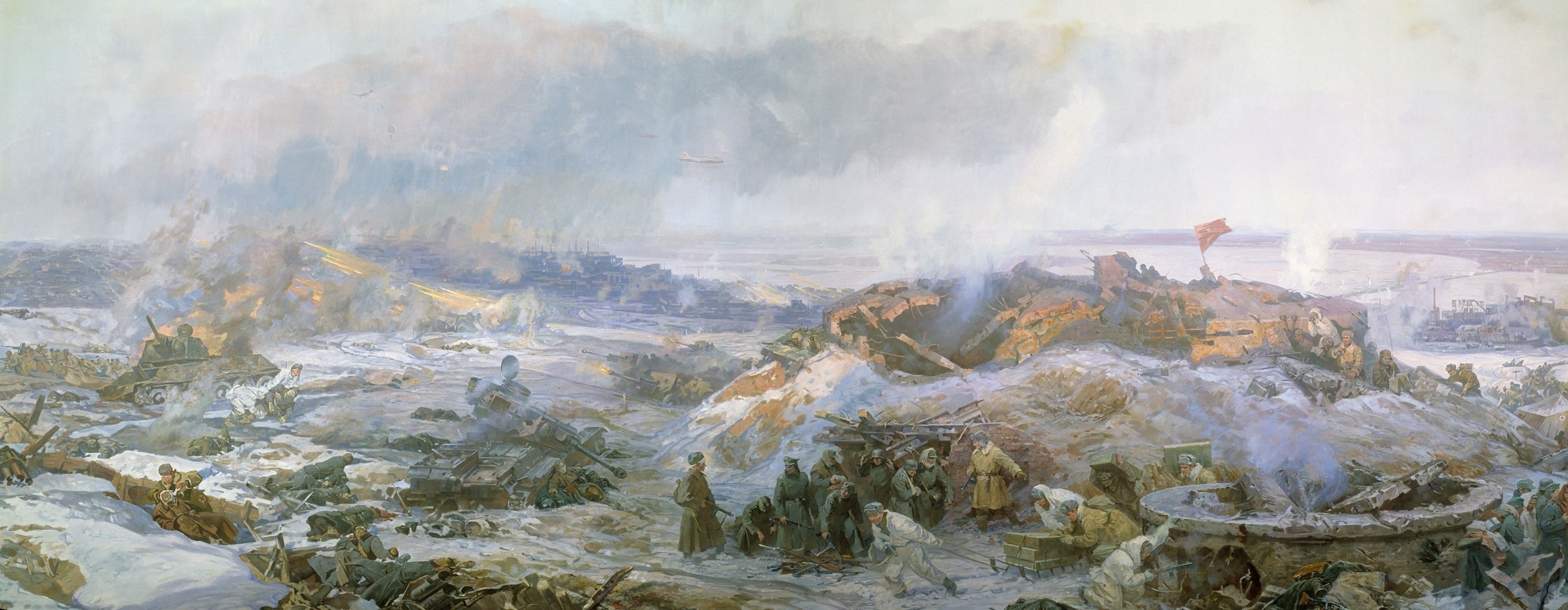 pintura soldados stalingrado infantería humo gran guerra patria ruinas invierno