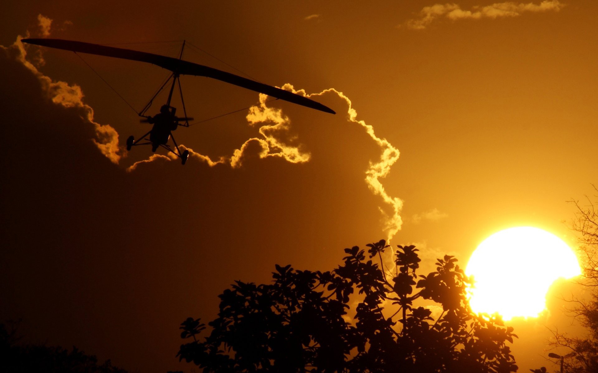 aeroplano cielo sole nuvole alberi tramonto