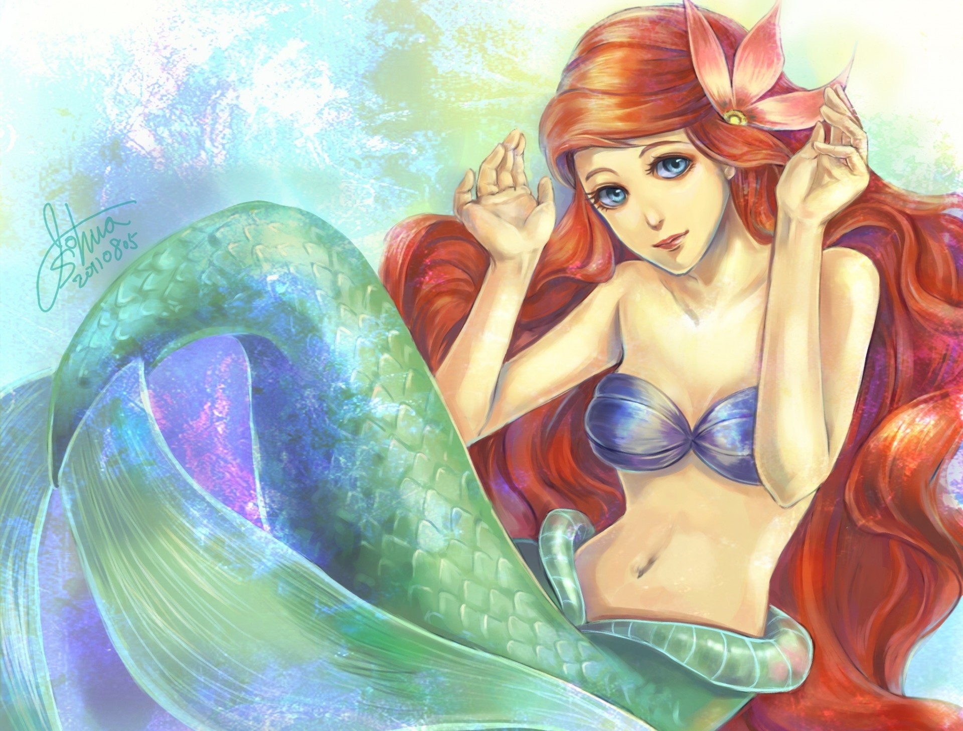 flower ariel girl art mermaid