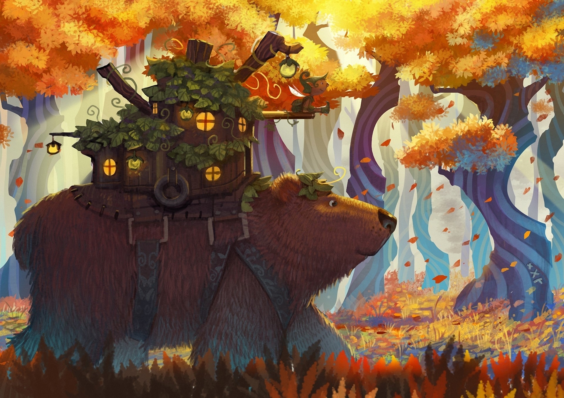 heet trees art bear forest fantasy house