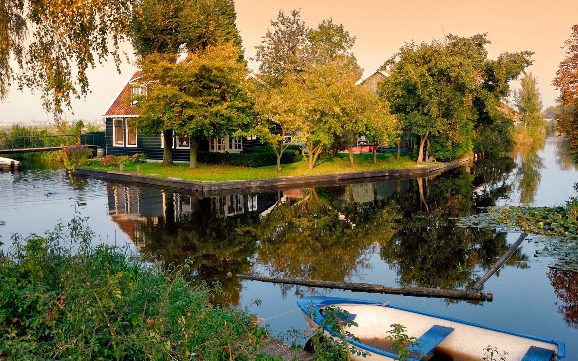 house pond boat tree island