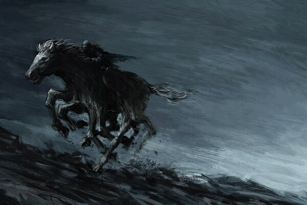 Cavaliere scuro con cavallo nero, immagine di fantasia in nero e grigio