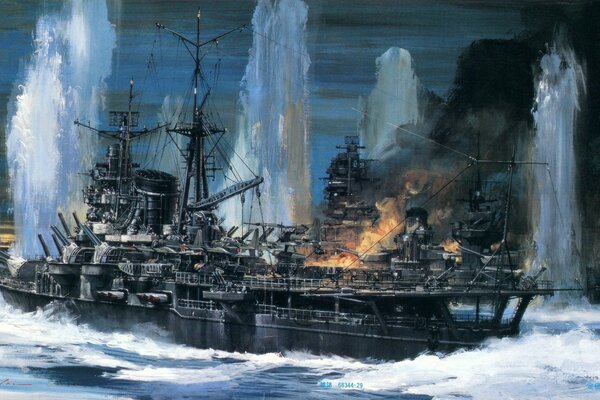 Oil painting sea battle