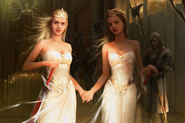 Two girls in white dresses with swords