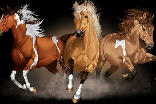 Three horses galloping on a dark background