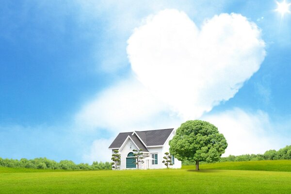 A house on a green lawn and a sky with a heart-shaped cloud