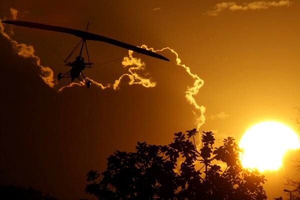 Silueta de avión bajo el sol dorado