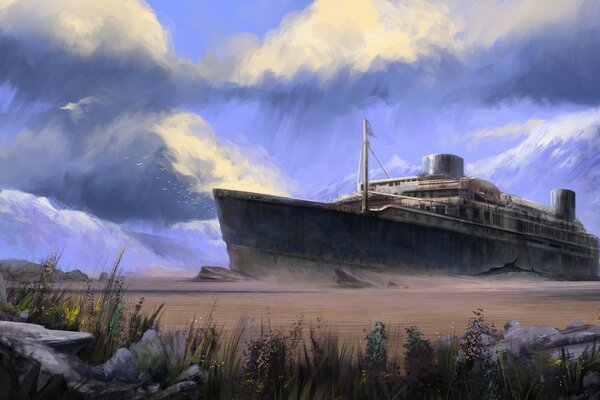 Заброшенный корабль в песках под небом с тучами