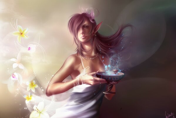 Elf girl with a bowl in her hands