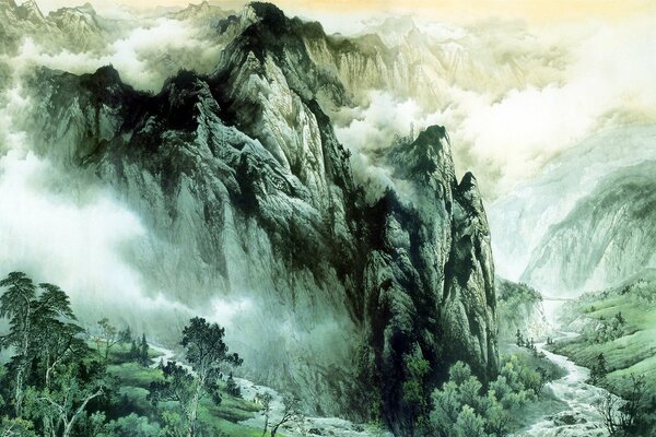 Disegno ad acquerello delle montagne verdi Dell Asia