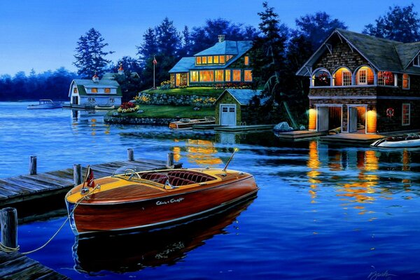 A pier with a boat on the background of evening houses by the water
