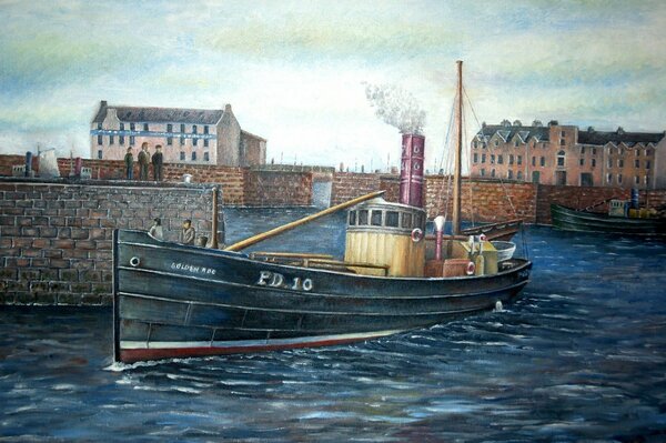 Fishing harbour in Scotland in an oil painting