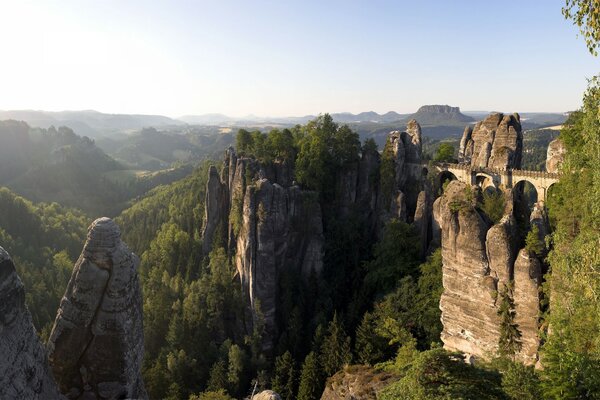 Beautiful view of the bridge among the steep cliffs