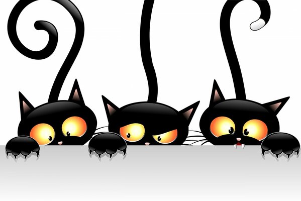 Drawing of three black cats with yellow eyes