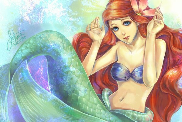 The art painting depicts Ariel with a flower in her hair