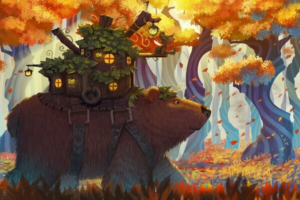 An art-fantasy drawing, a huge bear walking through the autumn forest and carrying a wooden house on its back