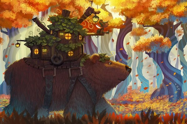 Dessin de fantaisie d art, un énorme ours marchant dans la forêt d automne et portant une maison en bois sur son dos