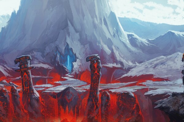 Immagine fantasy, percorso verso una grotta inondata di lava
