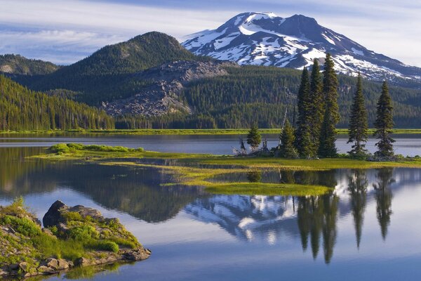 Lac large dans les montagnes et la forêt verte