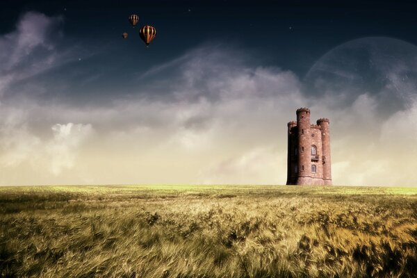 El castillo está en el campo. cielo oscuro