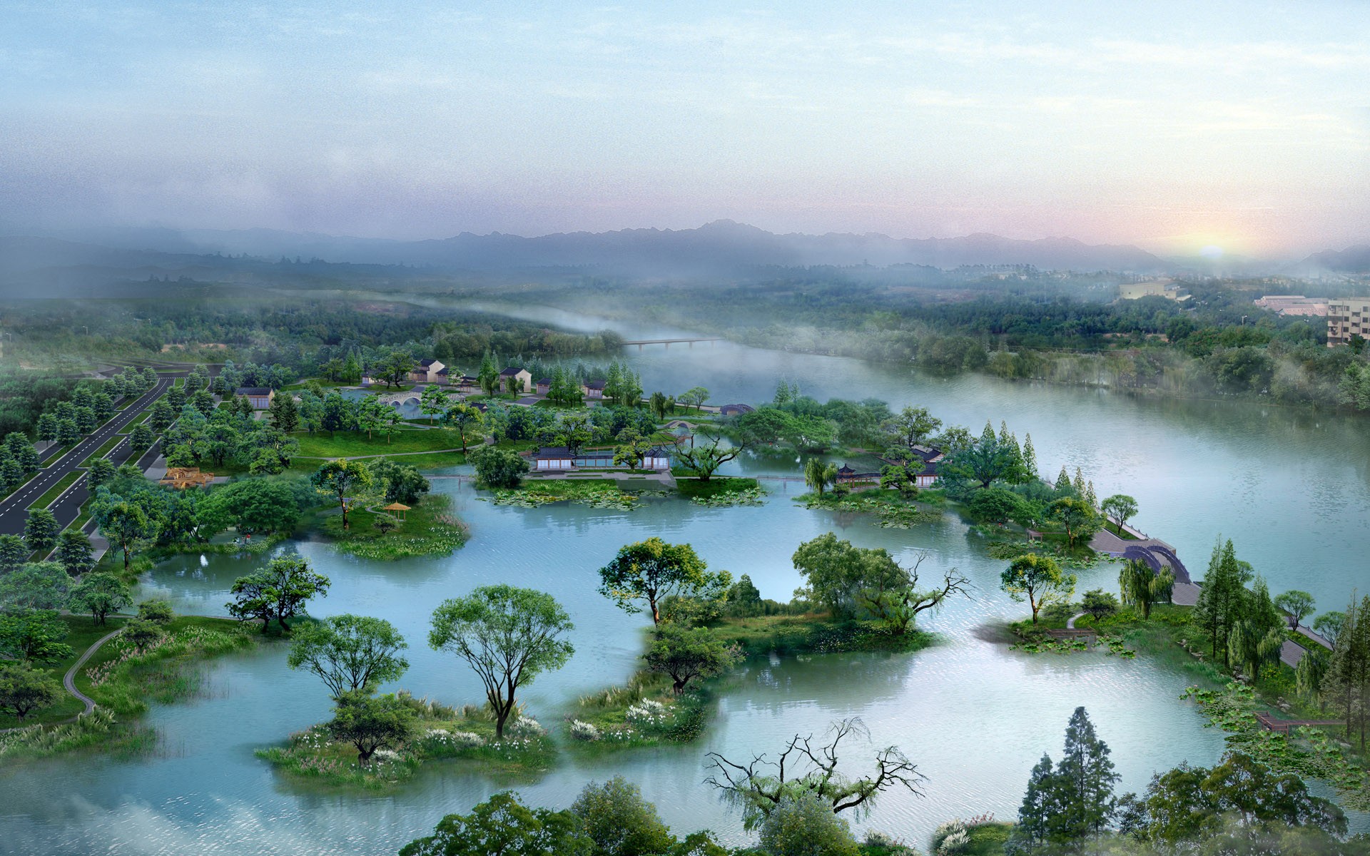 landscape tree river fog