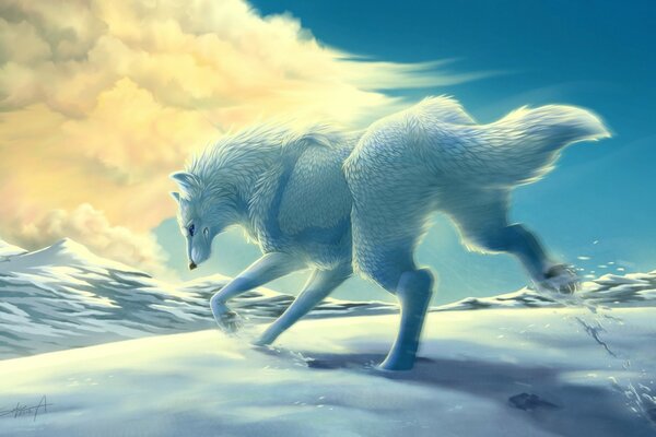 Арт белый волк бежит по белому снегу