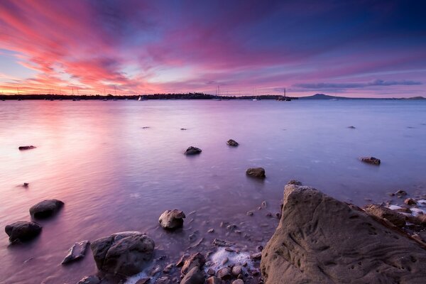 Bahía al atardecer en color lila en nueva Zelanda