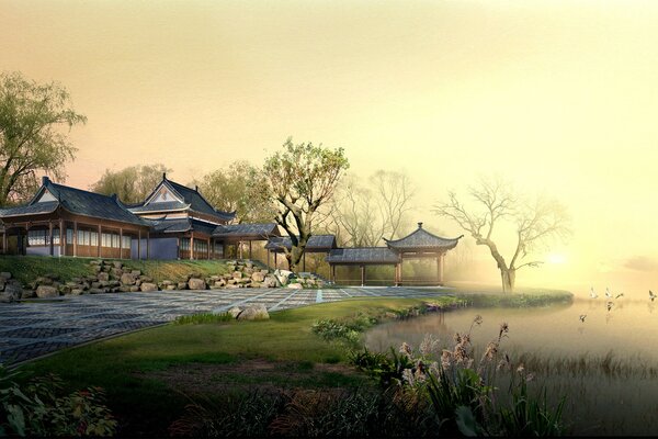 Chinese village at dawn landscape