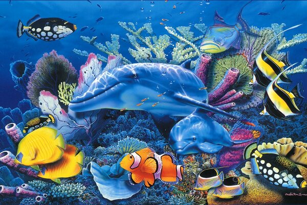 Increíbles habitantes del fondo marino. Delfín azul, peces abigarrados
