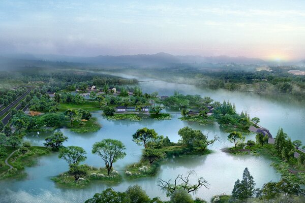 Bosque inundado por el río bajo una manta de niebla