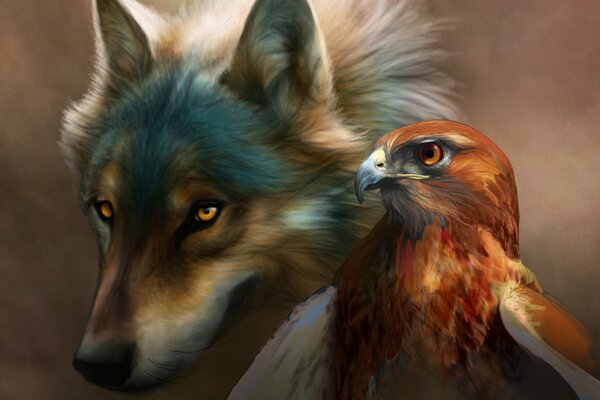 Ein pelziger Wolf und ein Adler vor ihm