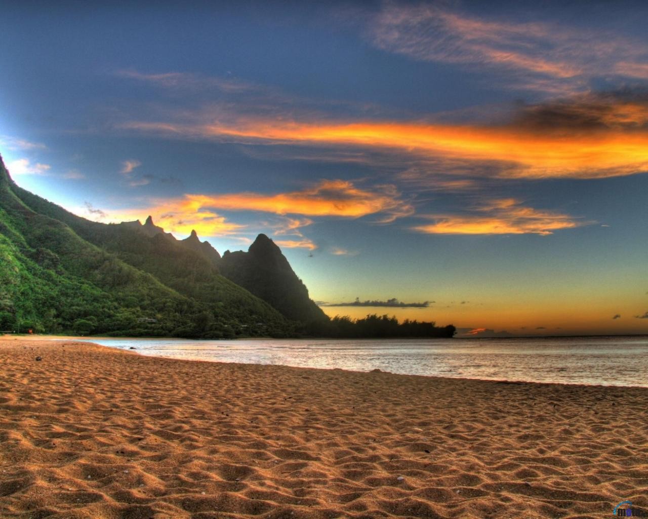 unset beach sea sky mountain