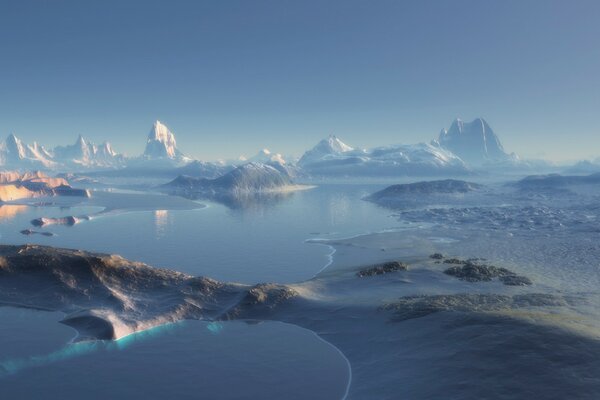 The coast of glaciers and mountains can be seen in the distance