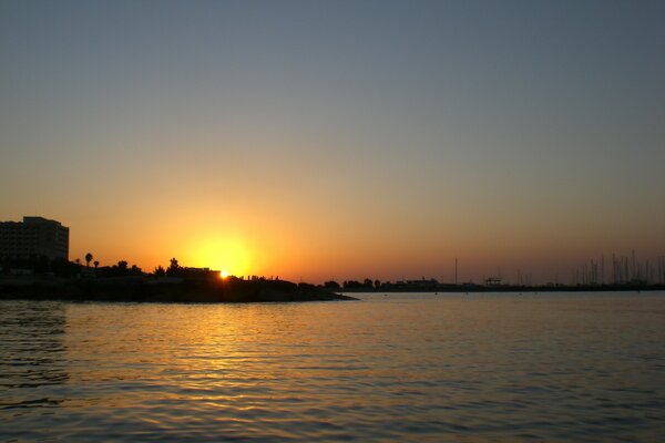 Sunny sunrise on the shore of the reservoir