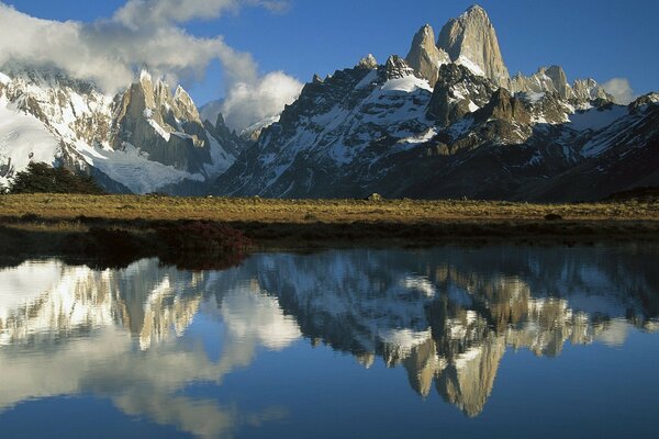 Mountain slope on the background of the lake