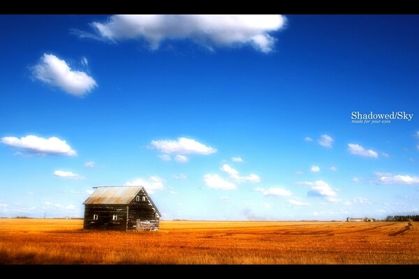 Kleines Haus in einem Feld unter blauem Himmel