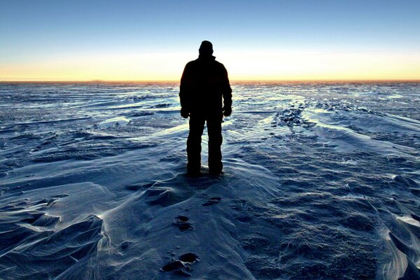 Homme admirant le coucher de soleil en Antarctique