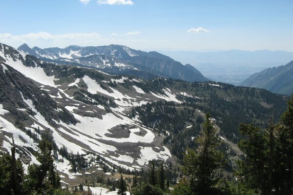 Schneebedeckte Berge und Wälder am Fuße Amerikas