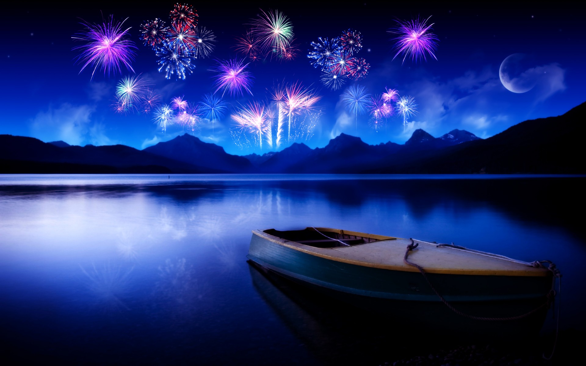 boat fireworks lake mountain night reflection sky moon water